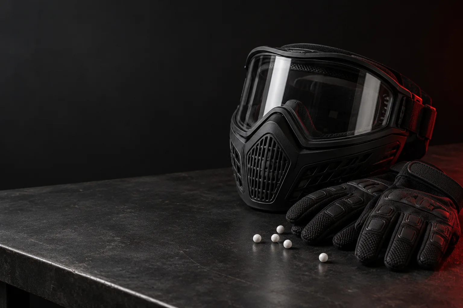 Airsoft protective mask, gloves and white BBs on a dark bench